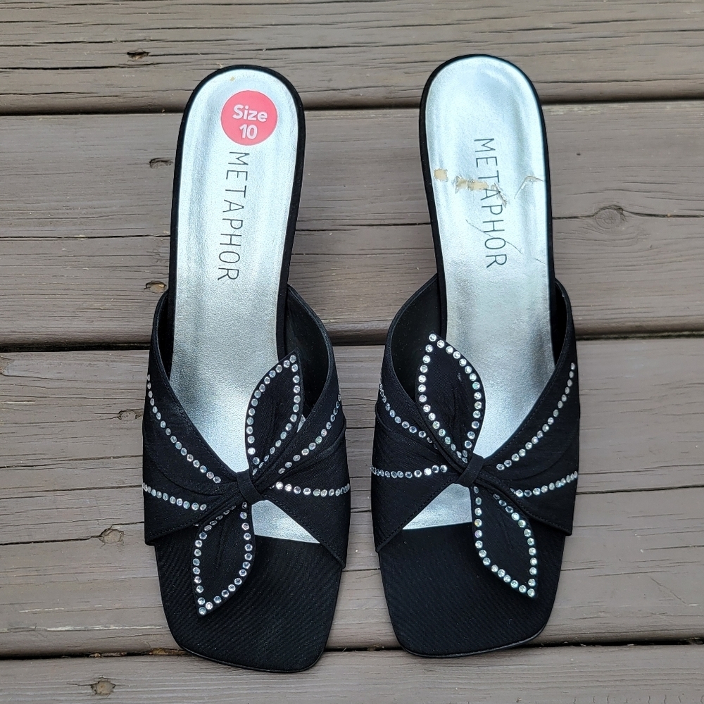 Vintage‎ 90s y2k Black Satin Fabric Bling Rhinestone Prom Formal Slide Heels 10 - Picture 9 of 10